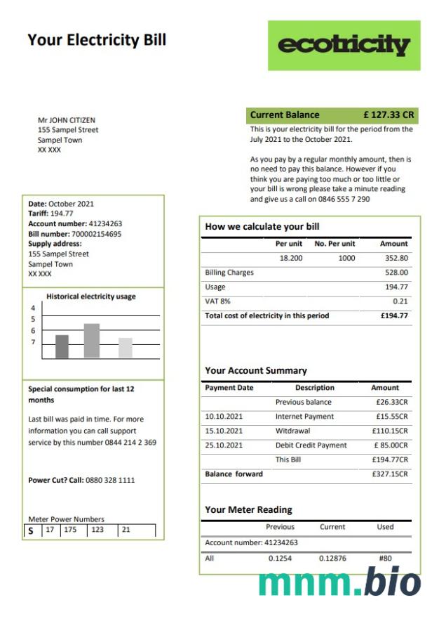 Szablon rachunku za energię elektryczną w Wielkiej Brytanii Ecotricity w formacie Word i PDF